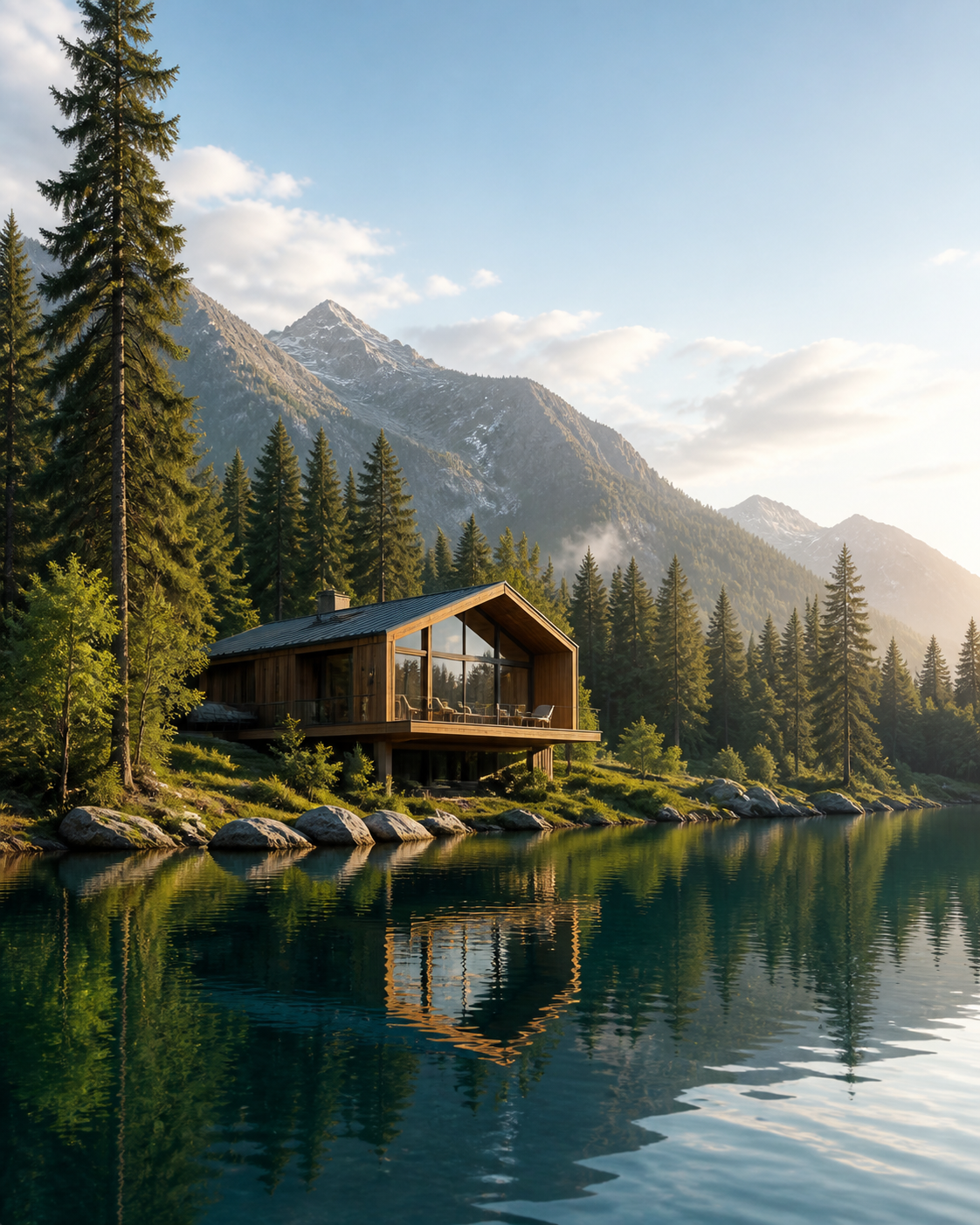 Cabana contemporânea à beira de um lago
