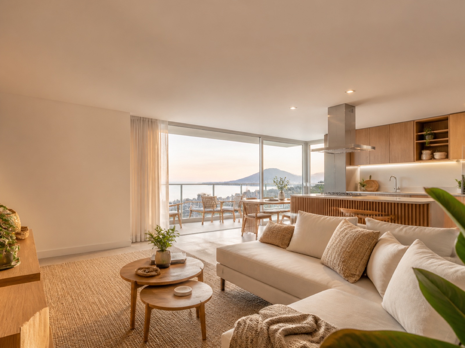 Sala de estar de um apartamento moderno com vista para o litoral
