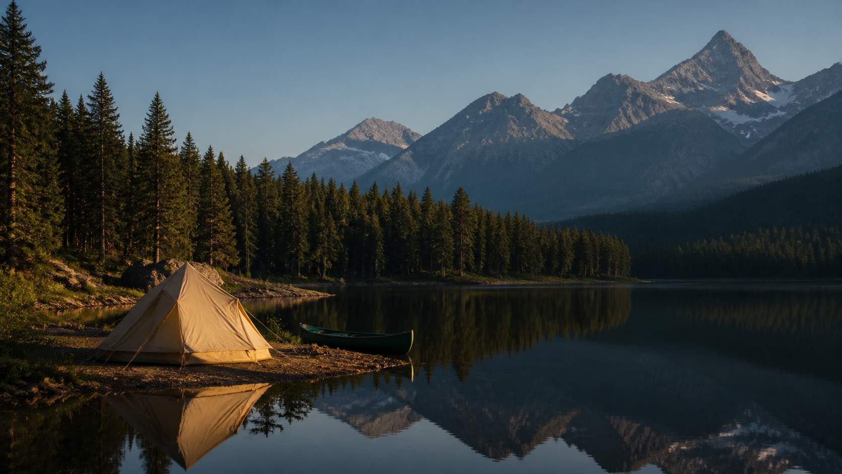 Acampamento às margens de um lago cercado por floresta e montanhas